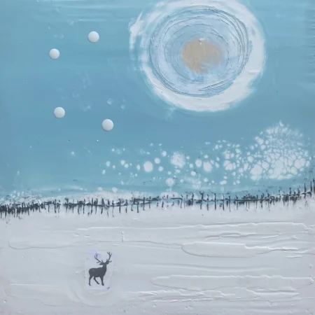 A painted winter scene. A white textured snow-covered ground, with a small silhouette of a deer with antlers standing under a blue sky with white dots and a white sun with circular rays. The horizon line has black vertical lines, as a fence or treeline.