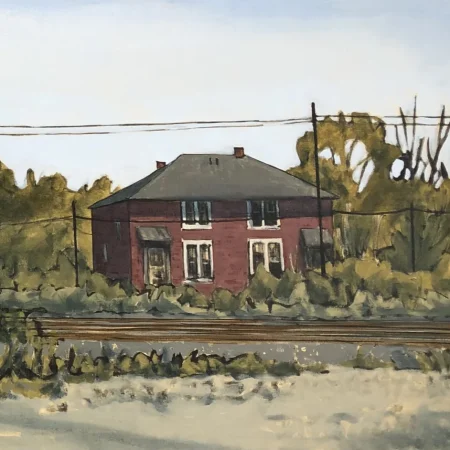 A landscape scene; two red brick buildings with forest behind them, hydro lines and a railroad track run horizontally in front of the buildings the foreground.