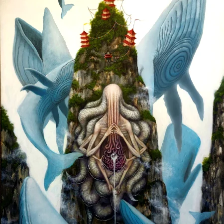 A surrealist scene; a mountain with houses on the top, and a faceless creature with multiple tentacles, hands, and feet is imbedded below. There are multiple whales floating around the mountain in the air.