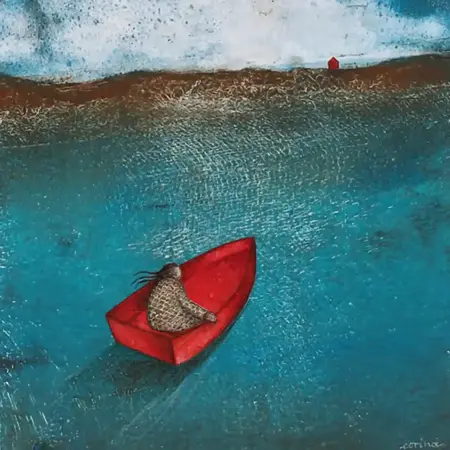 A person with long brown hair and dress sits in the back of a red boat. The boat is directed away from the viewer and towards a rusty brown shoreline with a red house. The sky, with a sun, is white with blue speckles and has silhouettes of two birds.