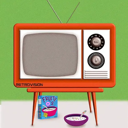 an old television consol with an antenna, two large dials, and the television screen is off. The body of the television is bright orange with peg legs. Below the TV is a bowl of cereal and milk with a box beside it that says “Fruity O’s.”