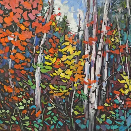 An oil painting of a fall forest with white birch and pine. Impressionist influences; large brush strokes of paint in yellow, green, red, and blue.