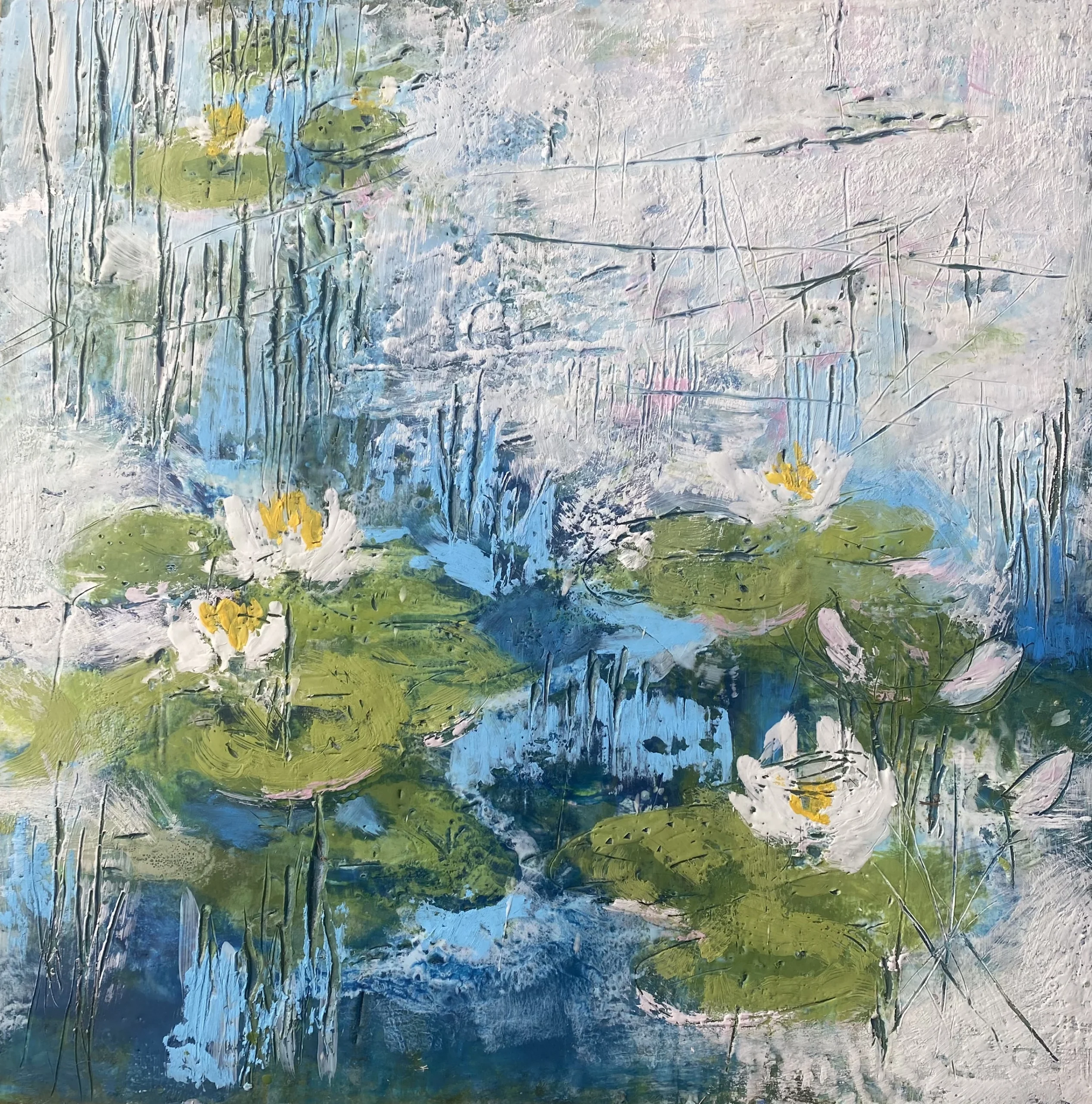 Abstract encaustic painting of water lilies on a pond. Green leaves float on water, with white blooms and yellow centers by the artist Ann Shier.
