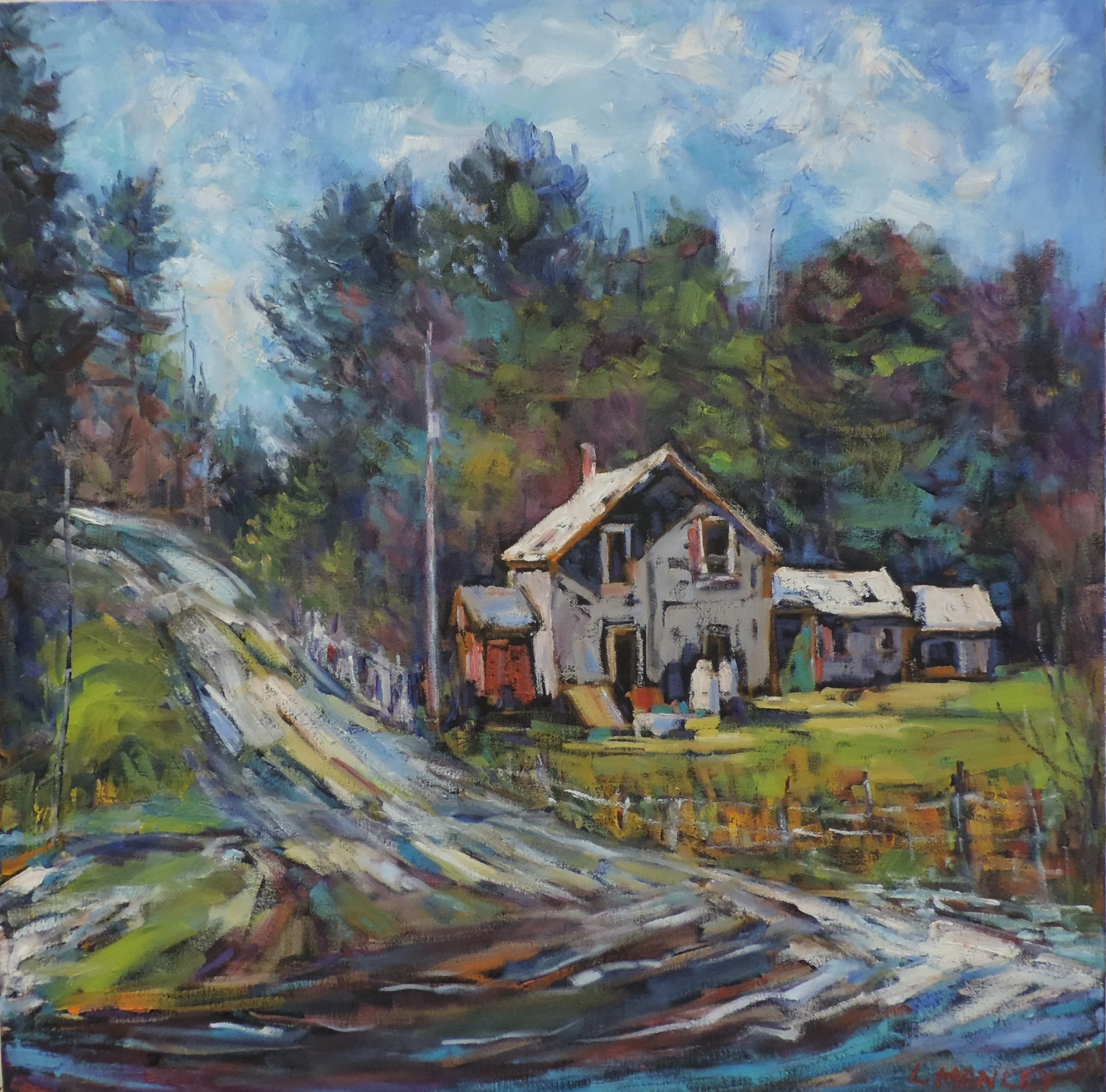 A countryside painting by the artist Lucy Manley featuring a cozy, weathered house surrounded by lush trees under a bright blue sky.