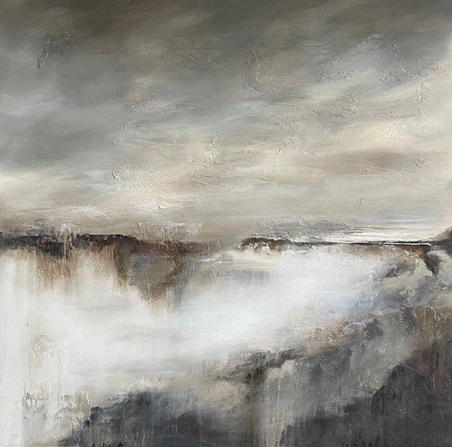 Barb Sorensen’s abstract painting titled “Gorge-us” has muted tones of gray, beige, and brown.