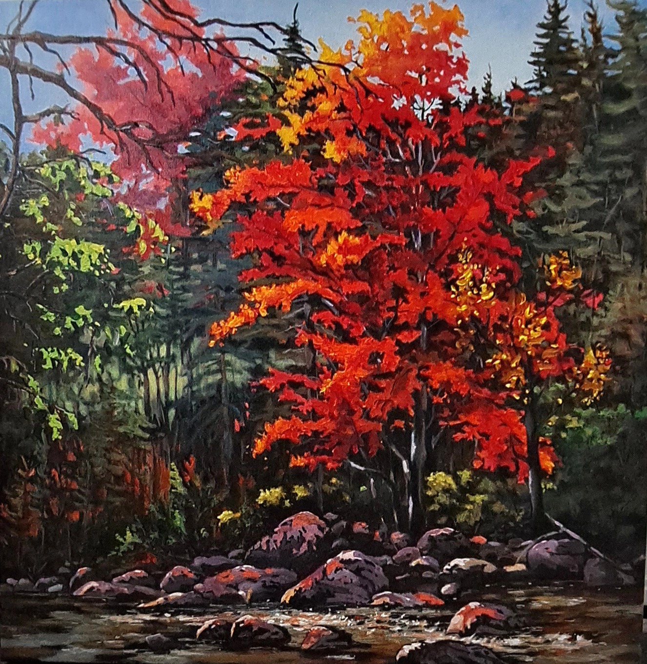 Landscape painting of a forest scene featuring a red-orange tree as the focal point surrounded by green and dark evergreen trees.