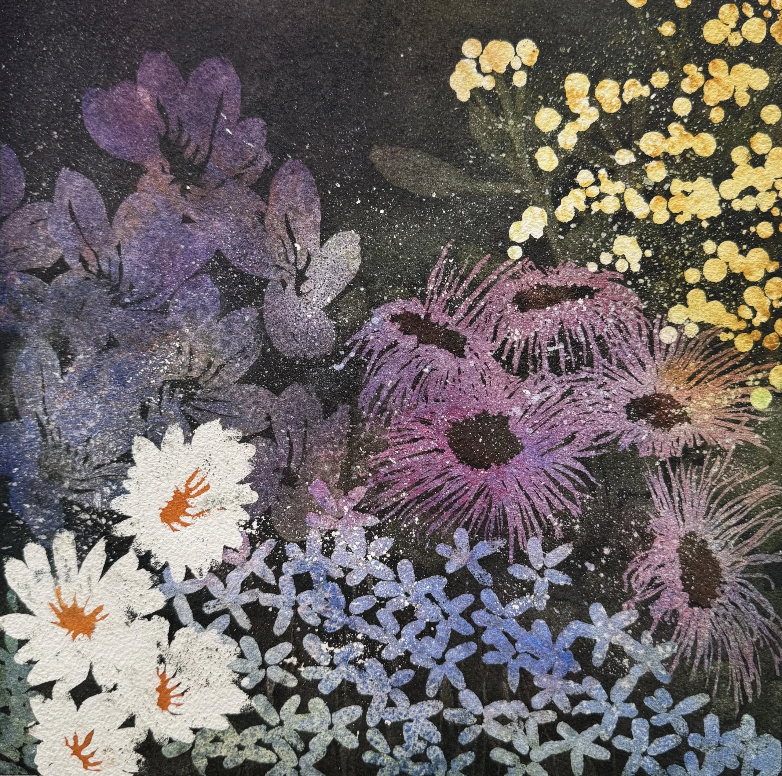 A Cydnee Hosker floral painting featuring clusters of purple, yellow, white, and blue flowers against a dark background. Titled “Entangled Garden ~ evening”.