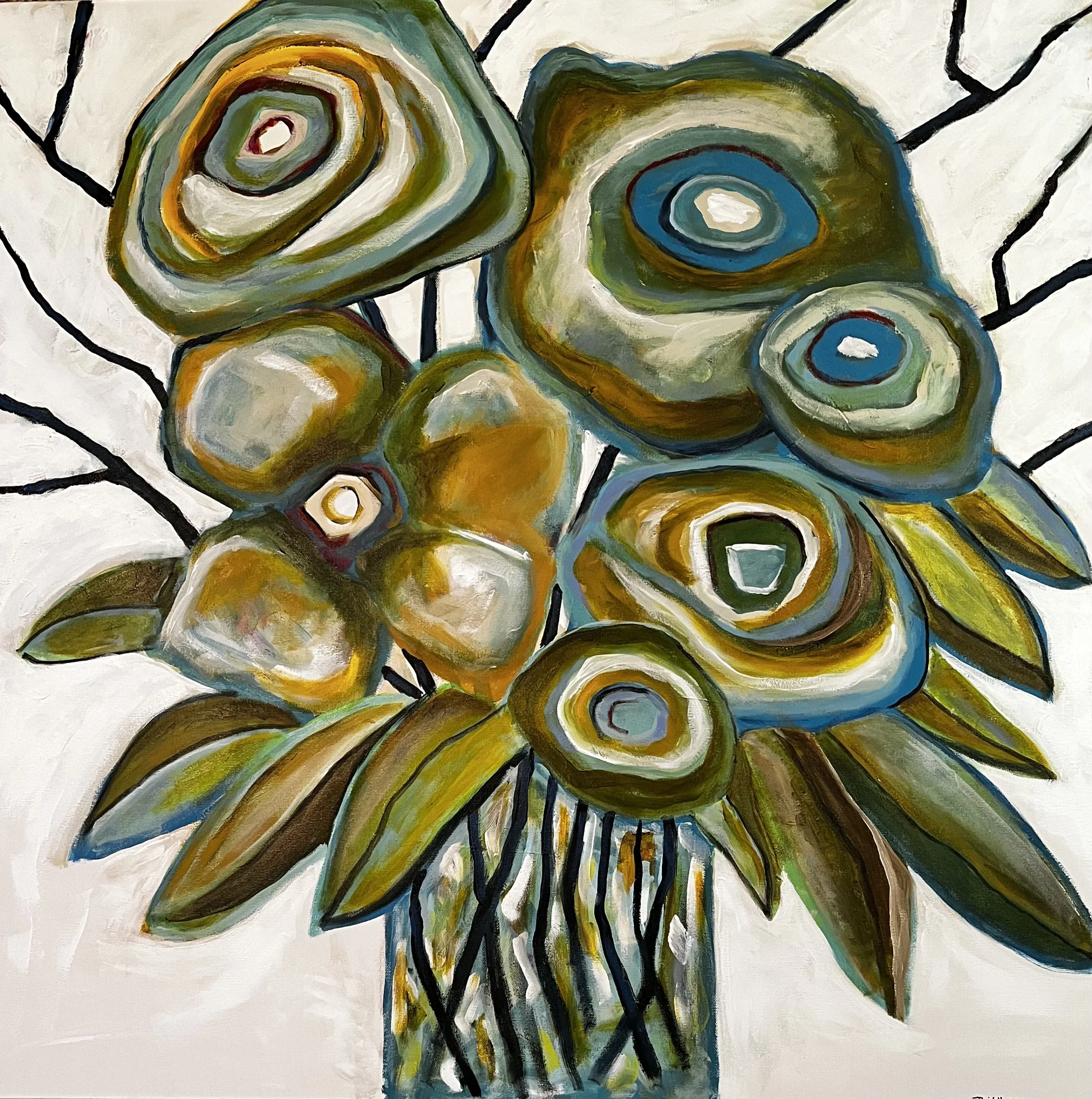 Abstract David Hickey painting of a floral bouquet featuring stylized flowers with circular patterns in shades of green, blue, and brown. Leaves and stems are depicted with bold, dark outlines. Titled “A Joyful Presence”.