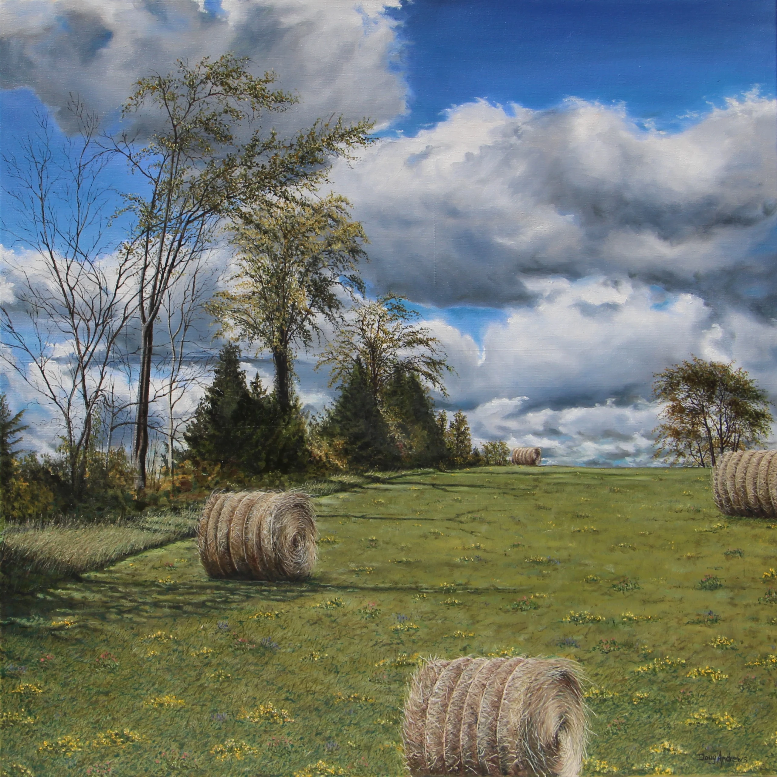 A Doug Andrews painting titled “Fencerow Haven” depicts a rural landscape featuring a green field with several large round hay bales scattered across it. Under a sky filled with large, fluffy clouds against a bright blue background.