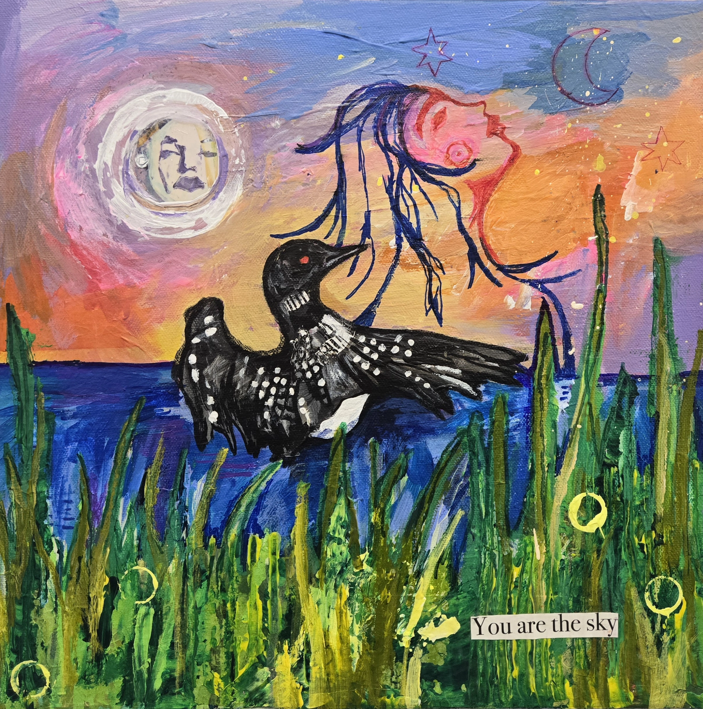 An Em Farquhar-Barrie painting depicts a black and white bird with outstretched wings above tall green grass against a sunset sky with a crescent moon, stars, and a face. Text 