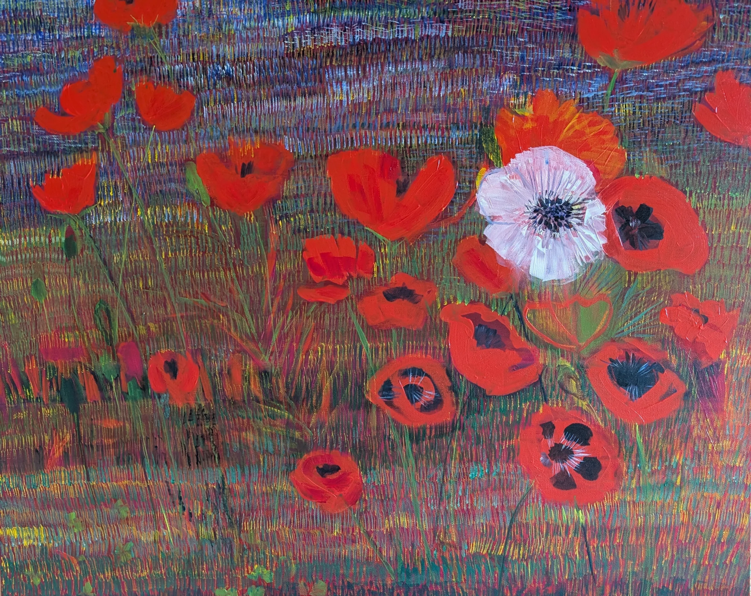 A Holly Edwards painting of red poppies with one prominent white poppy among them, set against a textured, multicolored background. Titled “Poppies”