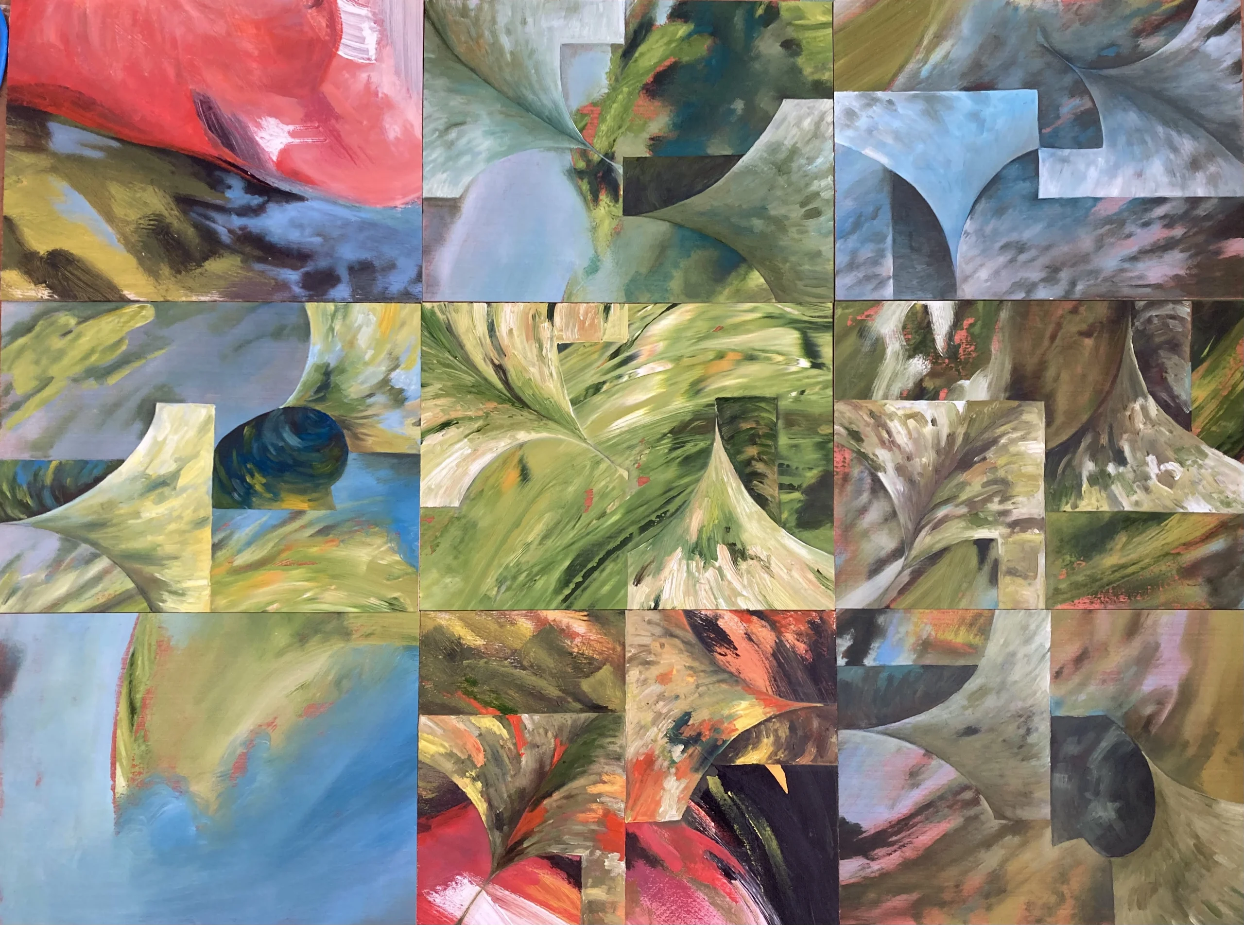 A colorful John Climenhage abstract painting titled “Contingent” features nine square sections arranged in a 3x3 grid, each featuring swirling, curved shapes and vibrant colors like red, green, blue, and yellow.