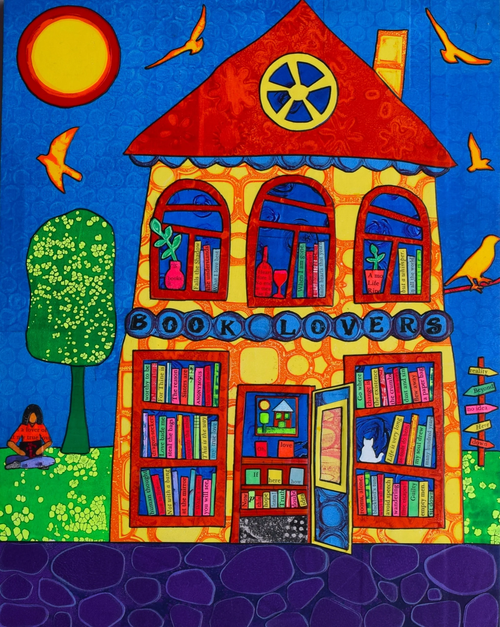 A Karyne McKnight painting depicts a colorful illustration of a two-story house labeled 