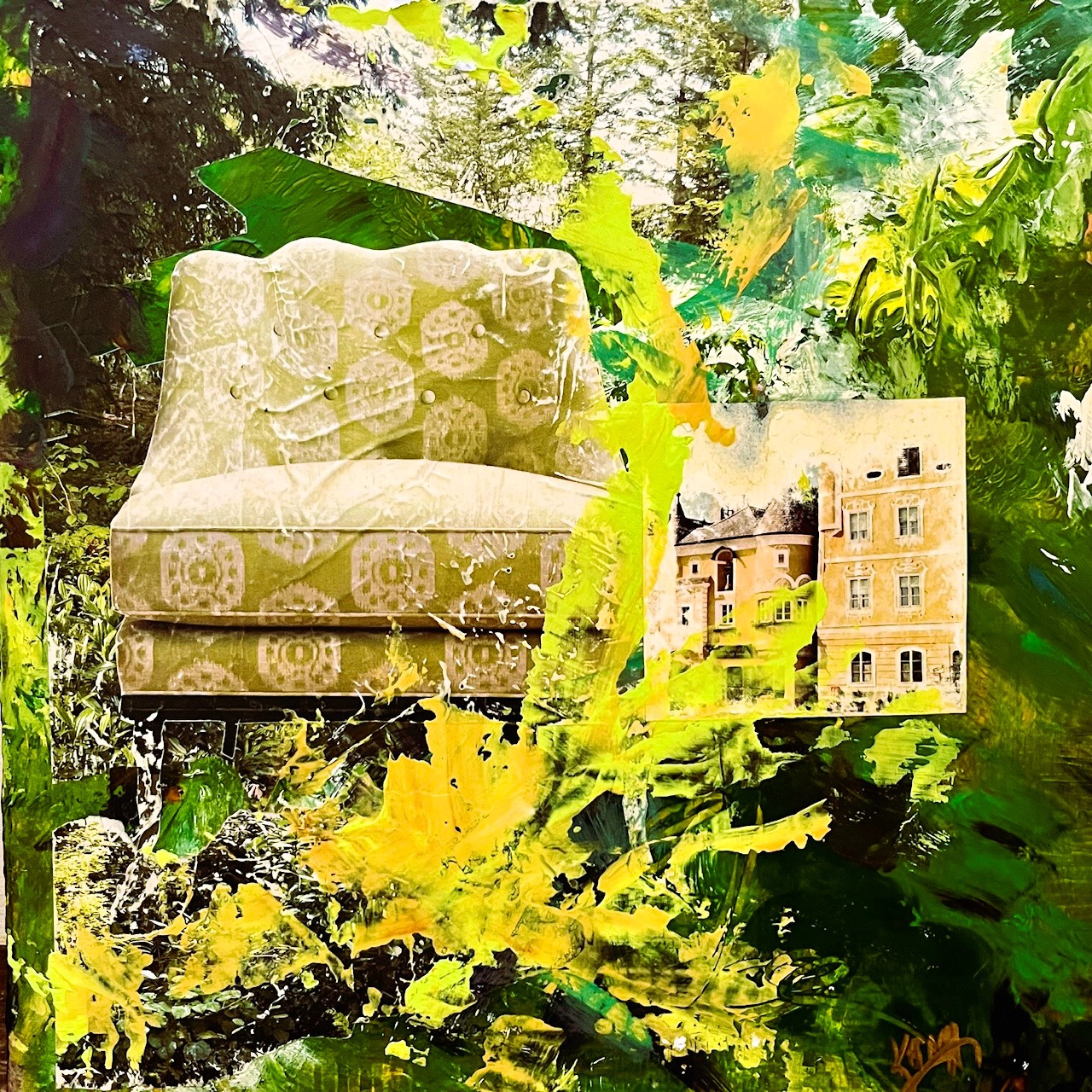 A Kay Gregg Collage artwork titled “New Beginnings” combines a beige patterned armchair and a vintage building photograph set against an abstract background of green, yellow, and black paint splatters.