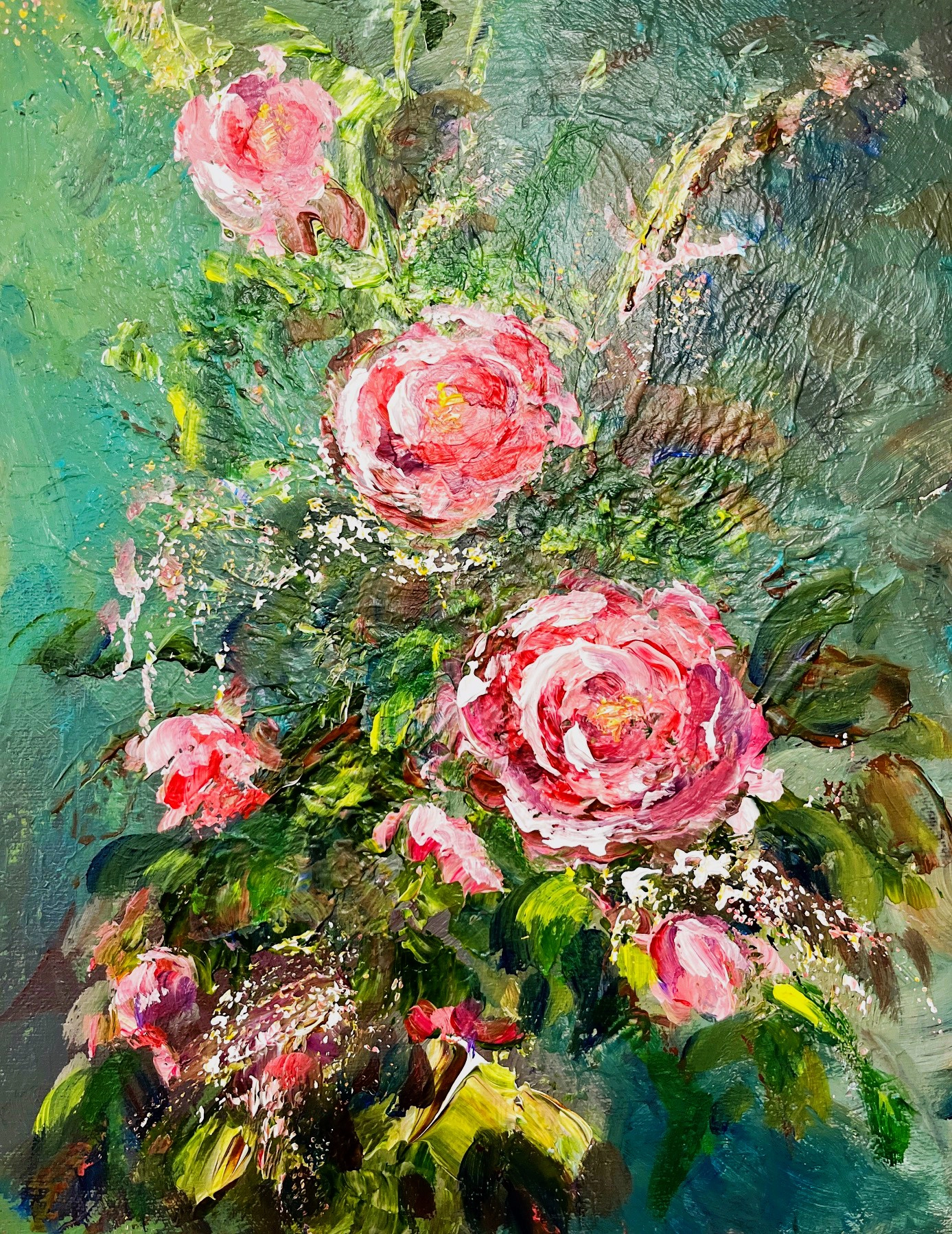 A Kay Gregg painting titled “Sweet Elegance” depicts a floral arrangement featuring large pink roses and green foliage against a textured blue-green background.