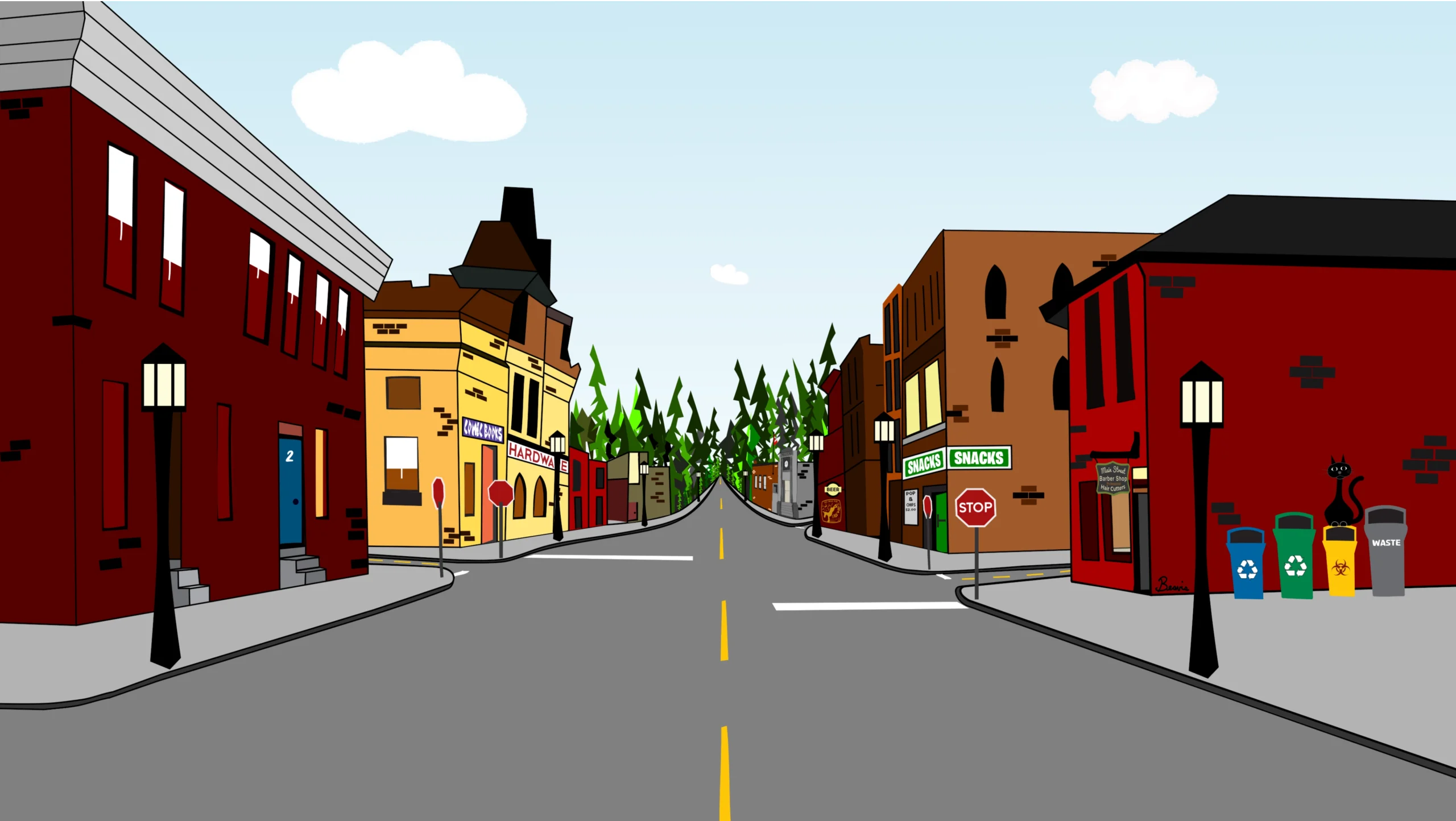 Augmented Reality Animation created by Kim Beavis titled “Hawt Dawg” depicts an illustration of a quiet urban street lined with red and brown buildings, featuring streetlamps, recycling bins, and stop signs.