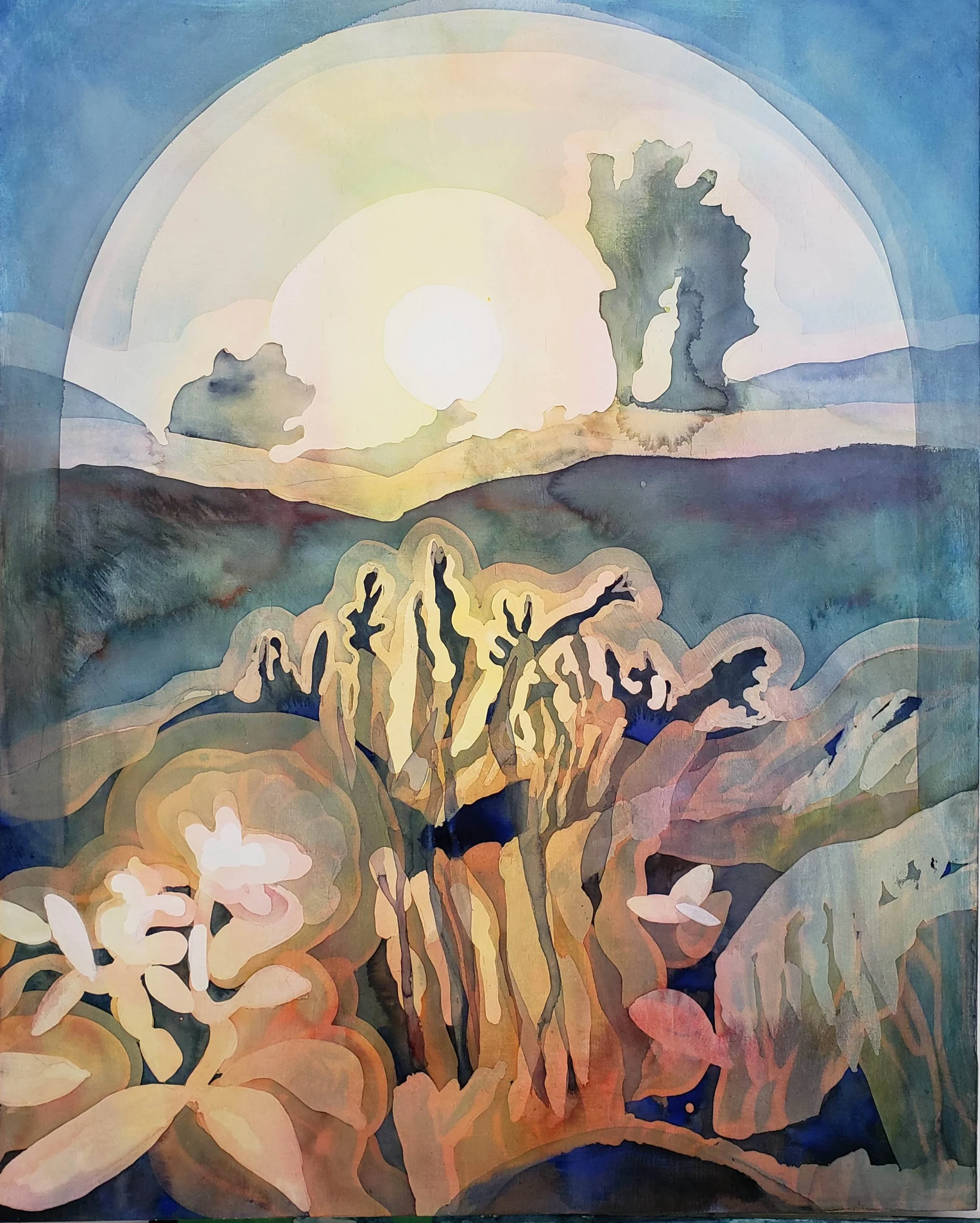 A Laura Madera watercolor painting titled “Heartbreaker through asters, thistle, goldenrod, vetch” depicts an abstract landscape with a large sun or moon in the background, casting soft light over rolling hills and silhouetted trees.