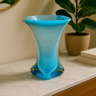 Photograph of a blue glass vase with a flared top placed on a marble-topped wooden table. Created by Lesley and Al Kroach titled “Blue Vase”.