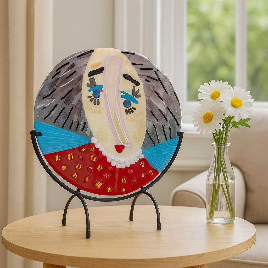 A photograph of a colorful, abstract glass sculpture depicting a stylized human face, including blue eyes, red lips, and a pearl necklace, displayed on a round wooden table. Created by Lesley and Al Kroach titled “Lady in Red”