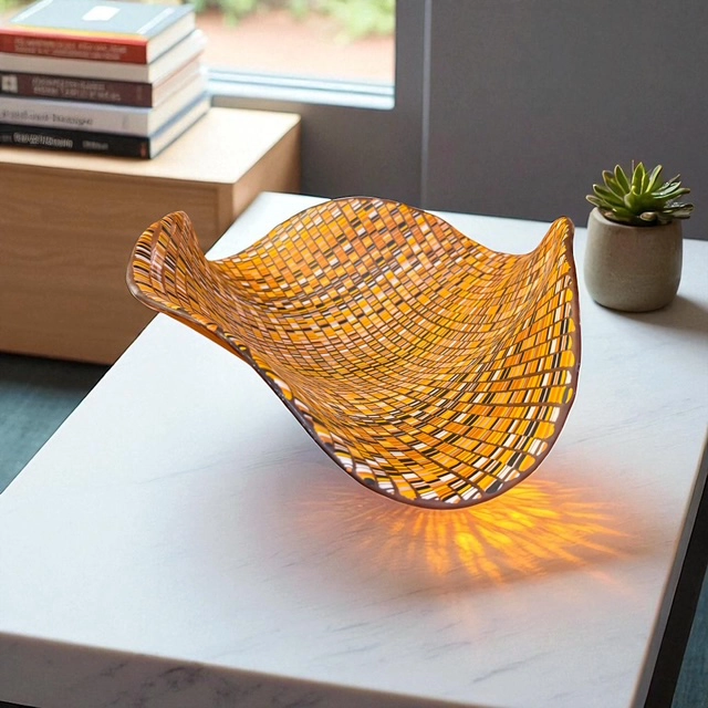 Photograph of a decorative, curved glass bowl with an orange and yellow checkered pattern placed on a white marble table. Created by Lesley and Al Kroach titled “Yellow Bowl”