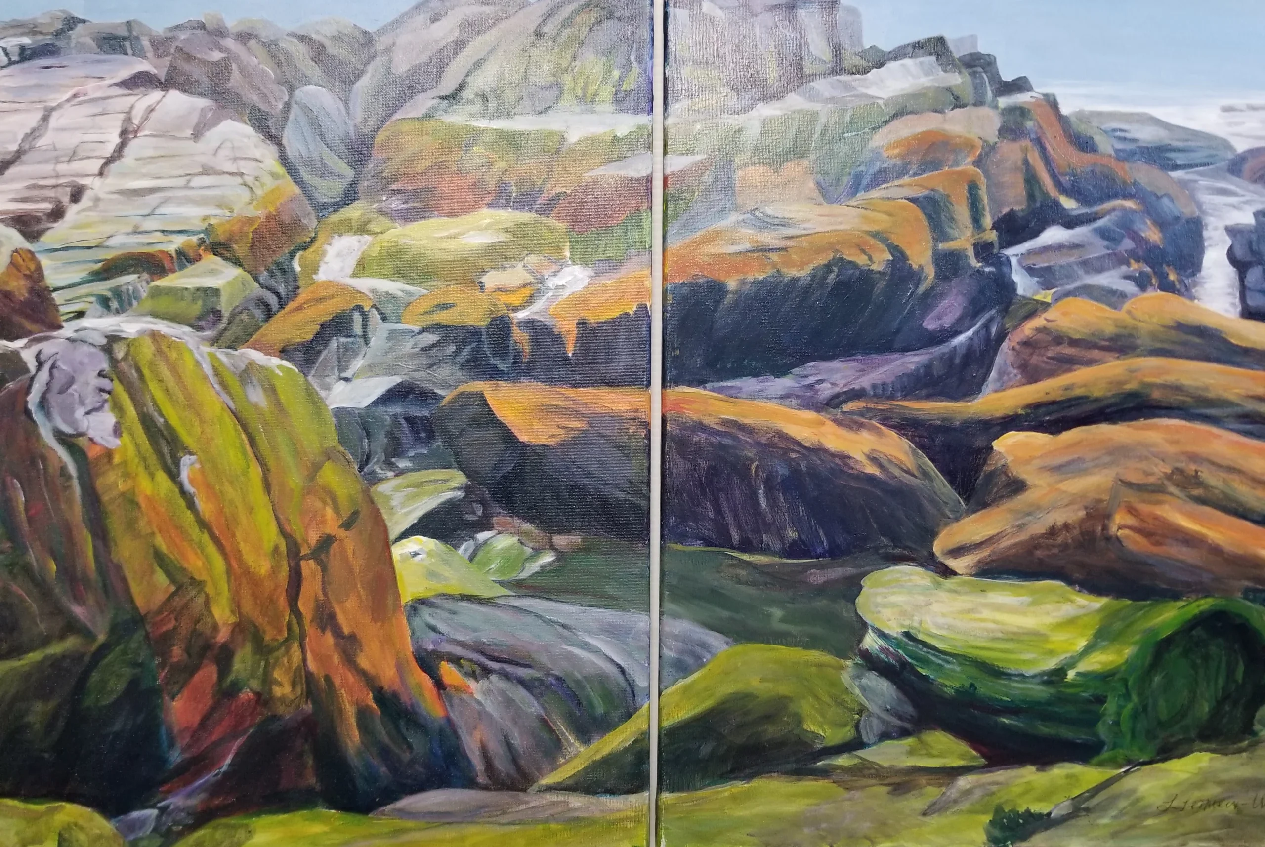 A Lucie Lemieux-Wilson painting titled “Newfoundland Rocks” depicts a rocky landscape with large, layered boulders in shades of green, orange, purple, and brown.