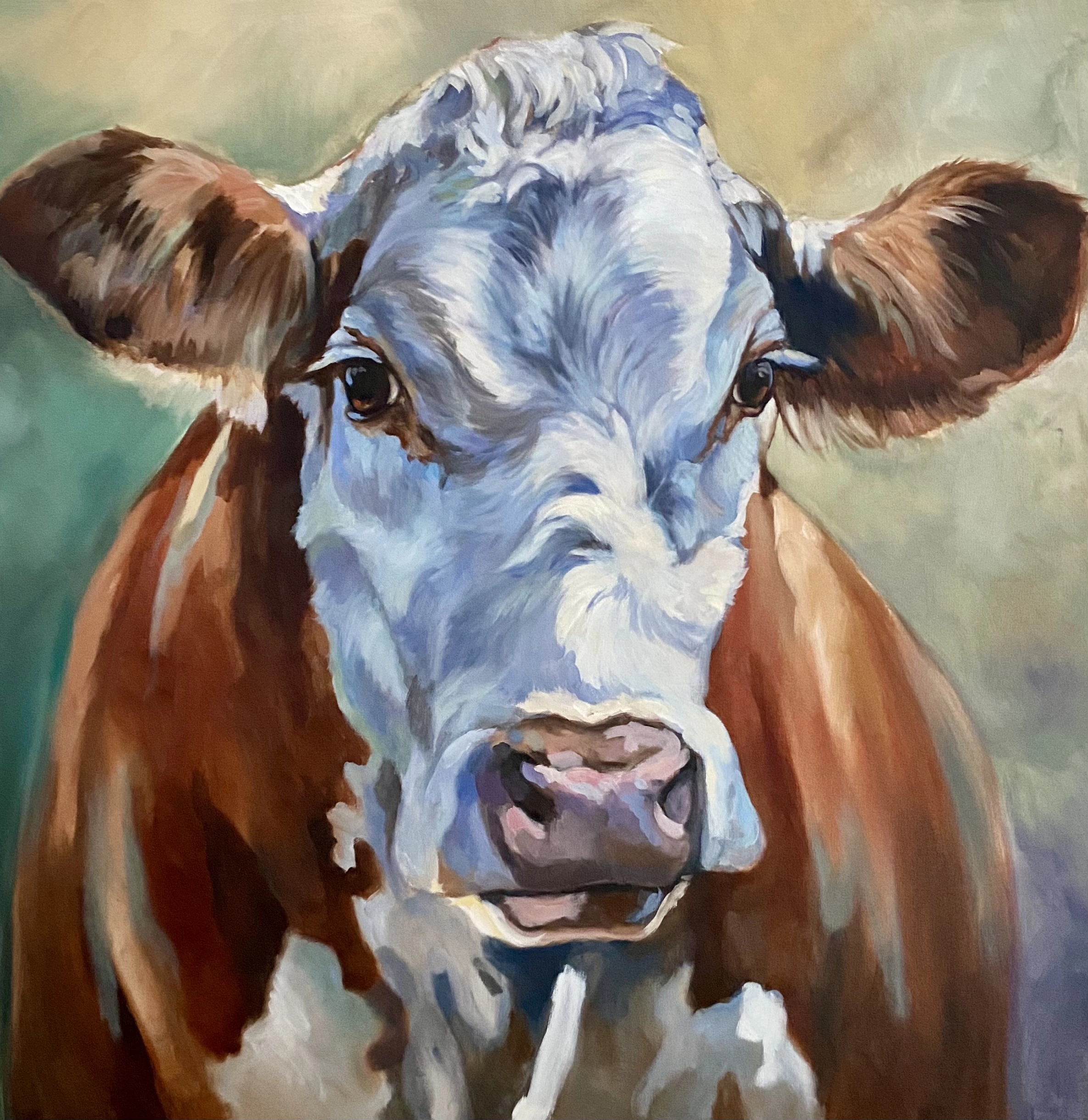 A Lynda Cunningham painting titled “Lucy” depicts a cow facing forward with a white face and brown body against a blurred green and beige background. The artwork highlights detailed facial features.