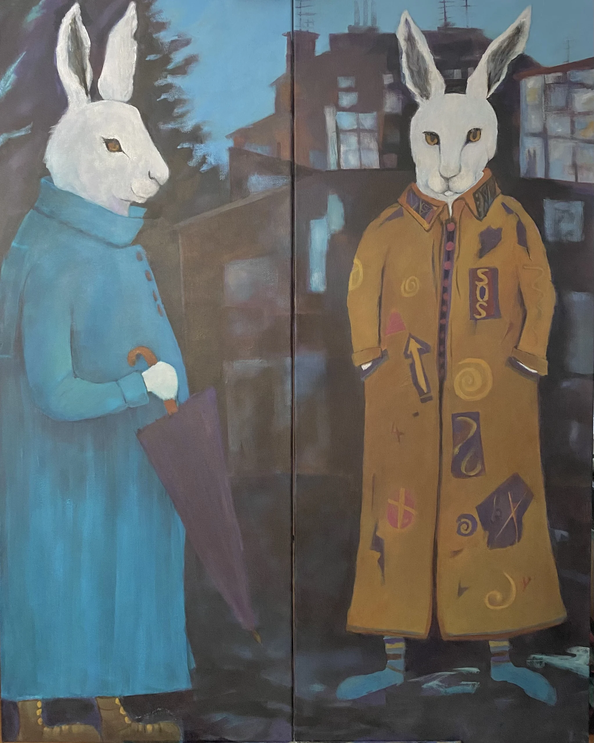 A Mary-Anne Johnston painting titled “Diptych The Uncles” depicts two anthropomorphic rabbits standing in an urban setting at night. One rabbit wears a blue coat holding an umbrella, while the other wears a long brown coat with colorful symbols and patterns.