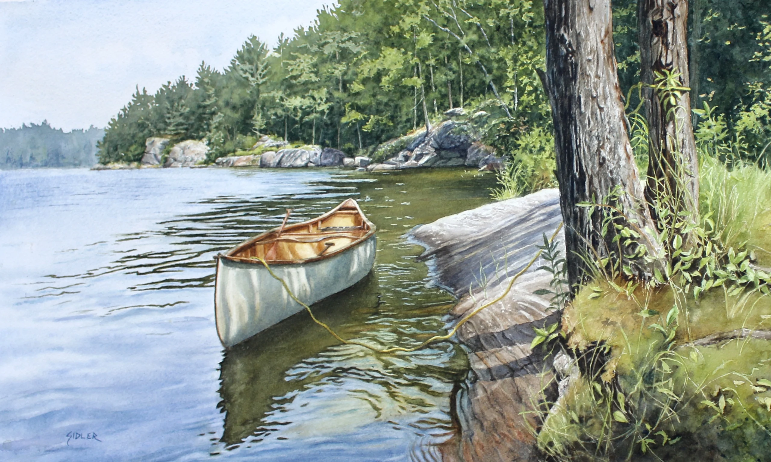 Nan Sidler painting depicts a lakeside scene featuring a white canoe tied near a rocky shore with two trees in the foreground. The background shows calm water reflecting a forested shoreline under a clear sky.