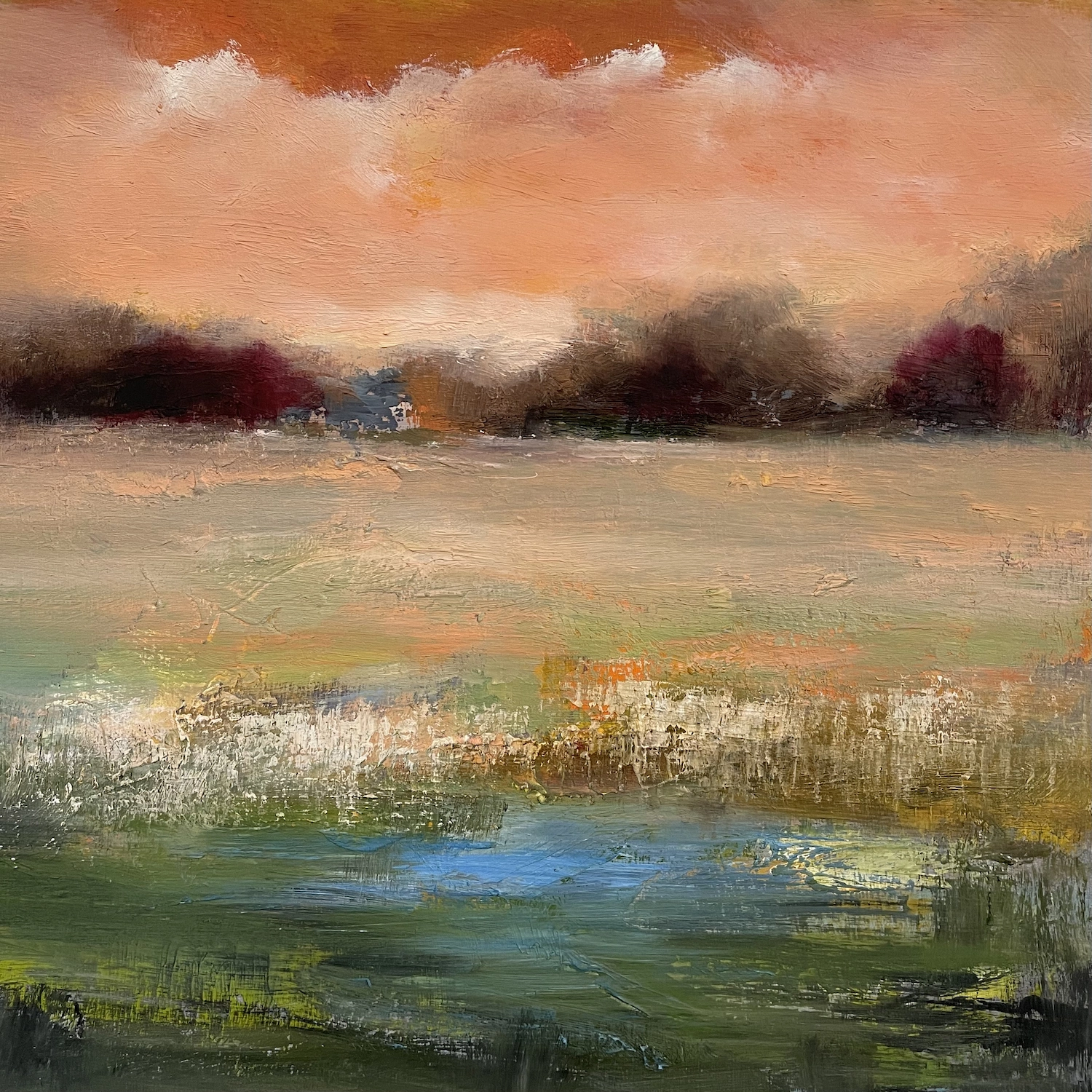 An abstract landscape painting by Paul Chester titled “Dusk” features a gradient sky with warm orange and pink hues above a blurred horizon of dark trees.