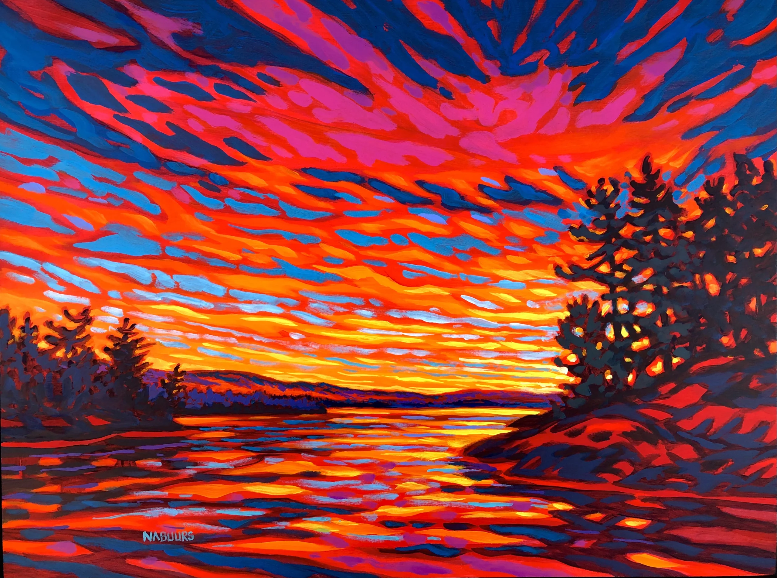 A vibrant painting by Paul Nabuurs titled “Amazing Light” depicts a sunset over a body of water with silhouetted trees on both sides. Bold colors of red, orange, pink, and blue create dynamic patterns in sky and water.
