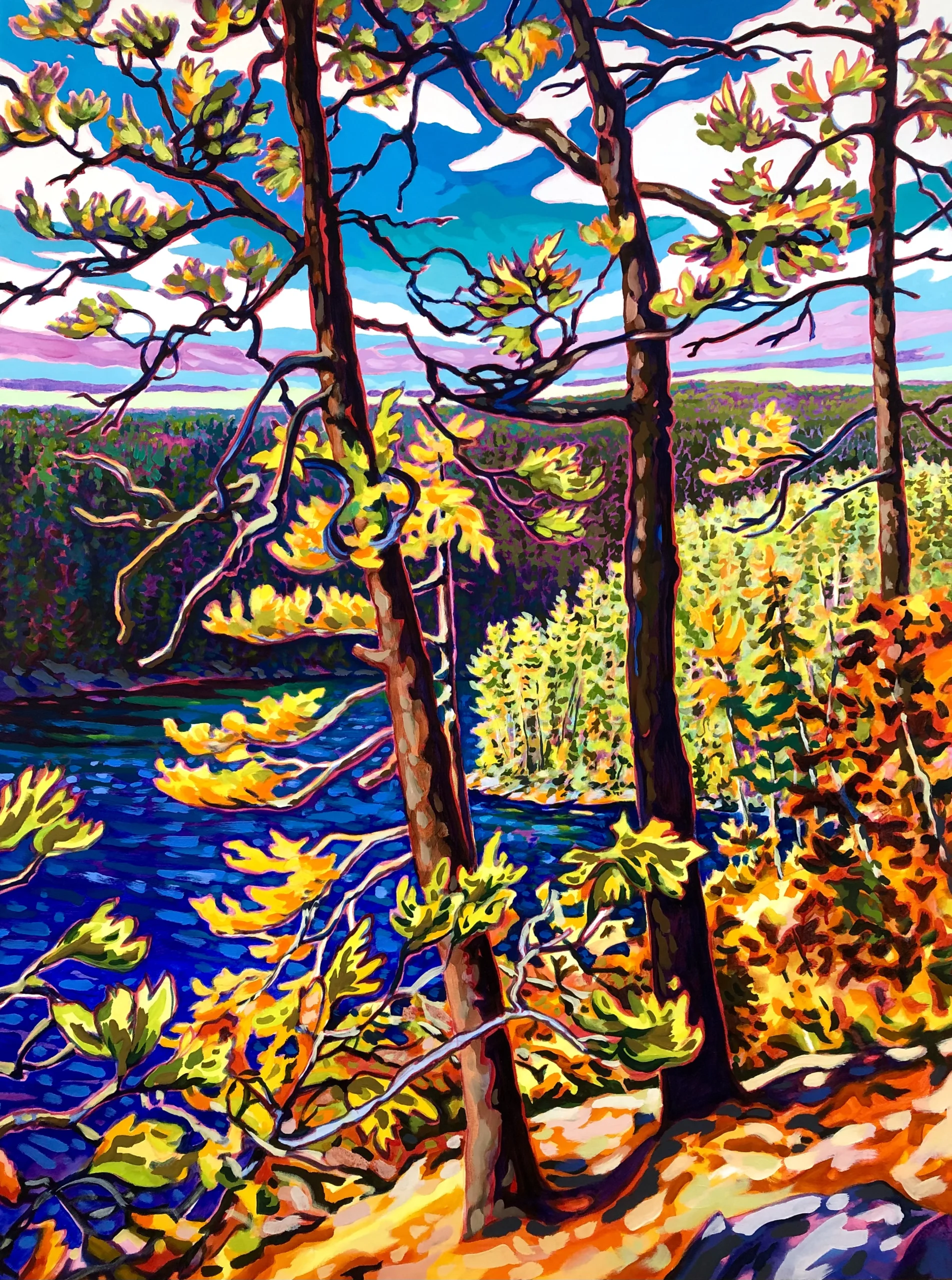 A colorful painting by Paul Nabuurs titled “Lookout Over Old Growth” depicts a vibrant forest scene with tall trees in the foreground and a blue river flowing through the landscape. Bright yellows, oranges, and greens highlight autumn foliage.