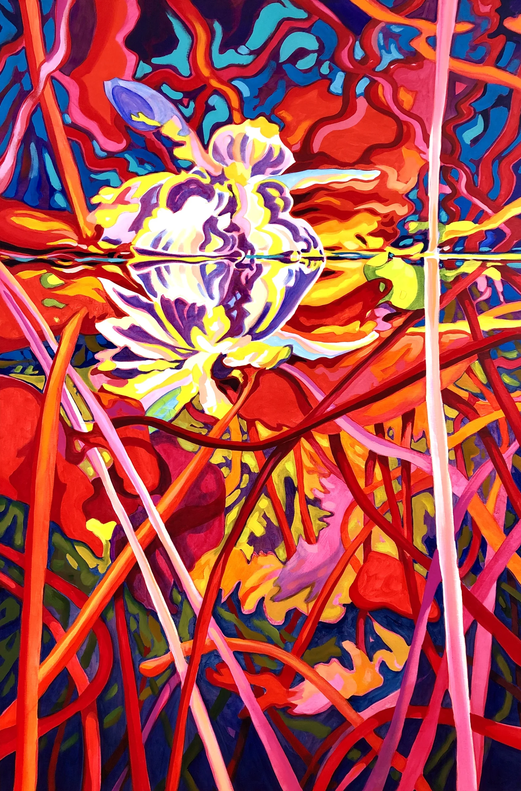 A vibrant abstract painting titled “Under Water Lily Bloom” by Paul Nabuurs features a central white and yellow flower surrounded by intertwining red, pink, and blue lines and shapes.