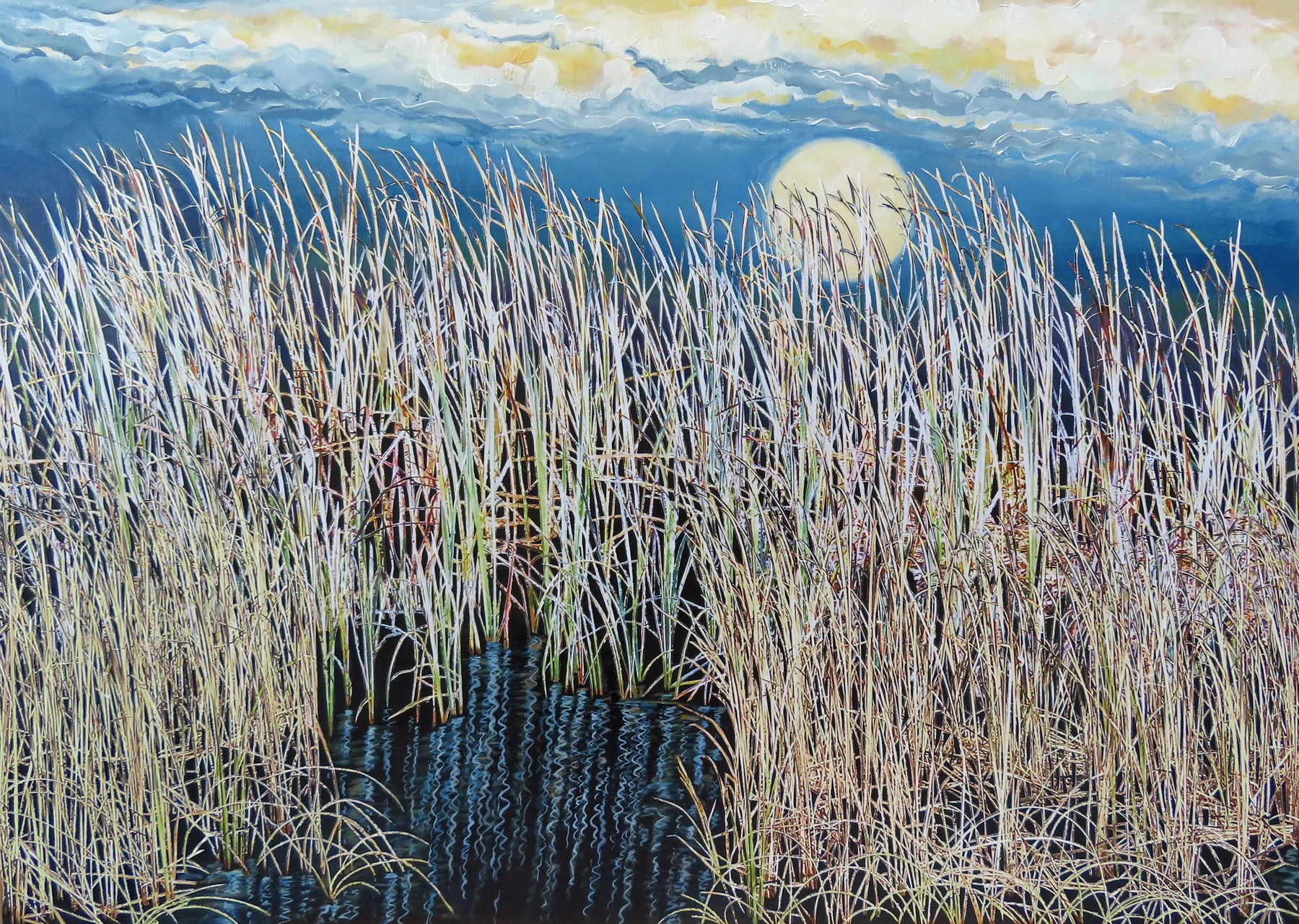 A mixed media Stephanie Ford Forrester painting titled “Marsh Whispers” depicts tall grass surrounding a dark water body under a cloudy sky with a large, pale yellow sun or moon partially obscured by clouds.