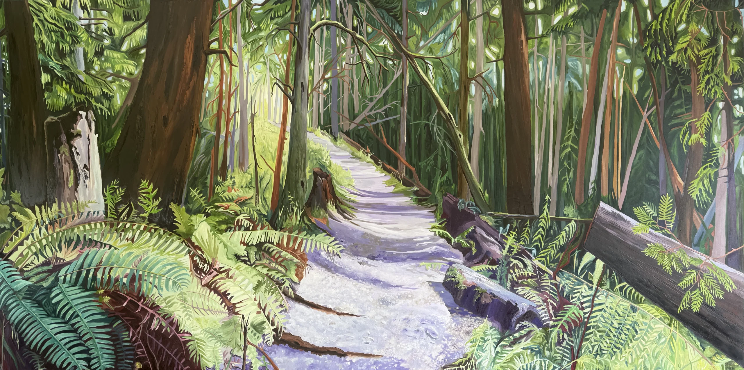 A Sylvie Dumas Oil on Canvas painting titled “Immersion” features a forest path surrounded by tall trees and dense green ferns. Sunlight filters through branches, casting shadows on a winding dirt trail that leads into the distance.