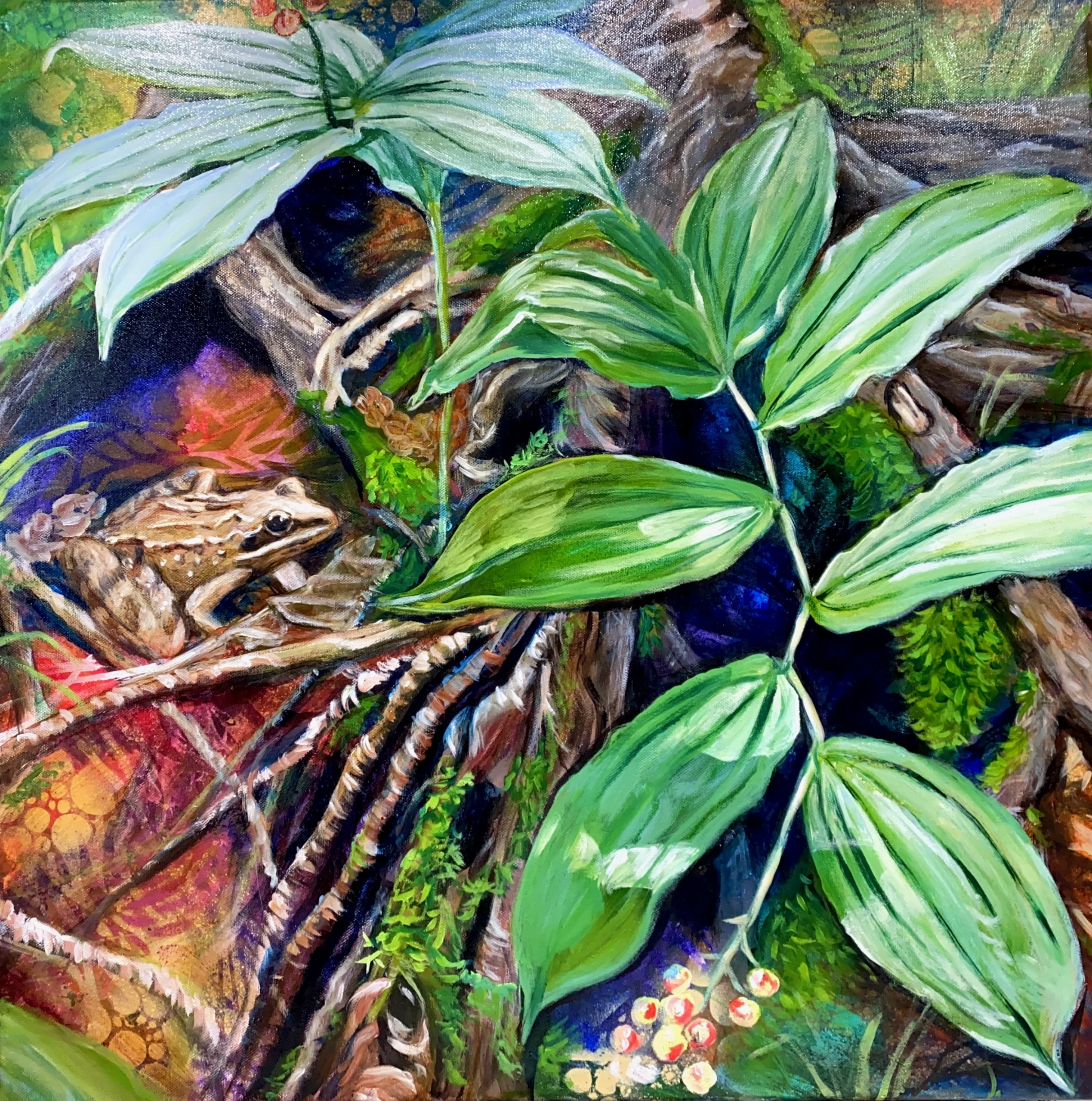 A colorful Tina Fridgen Acrylic and Oil on canvas painting titled “Wandering Wood Frog” depicts a forest floor with green leafy plants, twisted roots, and a brown frog camouflaged among natural elements.