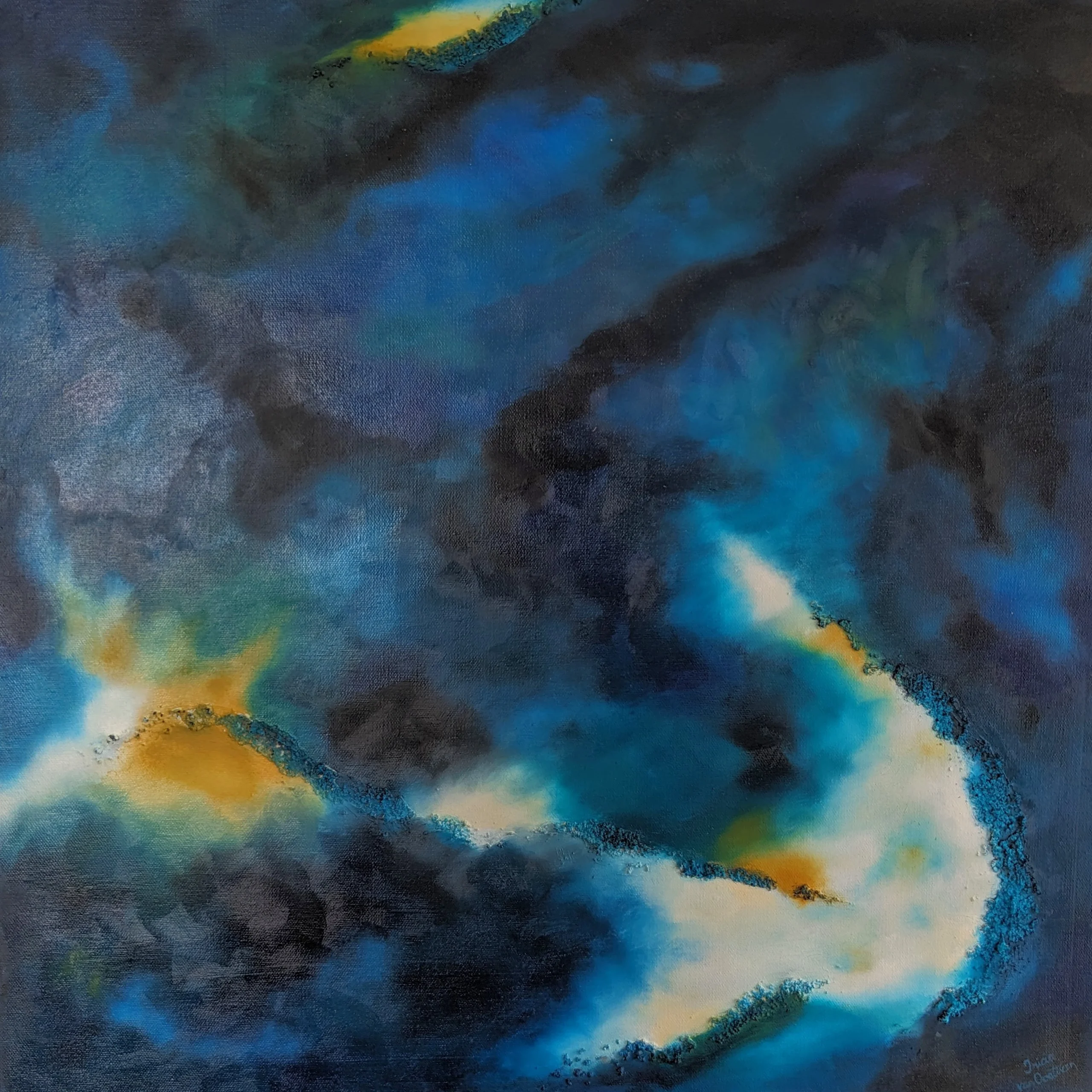 Tricia Van Oostveen’s abstract mixed media painting titled “edge of light” features swirling patterns of deep blues, blacks, and bright white with touches of yellow and green.