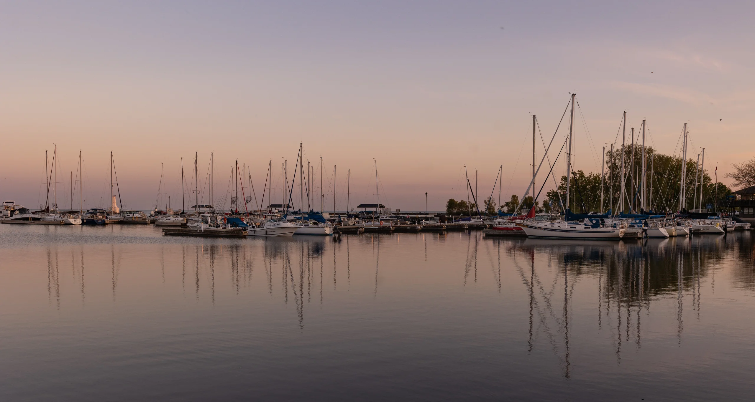 Photograph of a serene marina scene at sunset with numerous sailboats docked on calm water, reflecting pastel skies. Trees line the horizon, adding tranquility by the artist Heather Doughty
