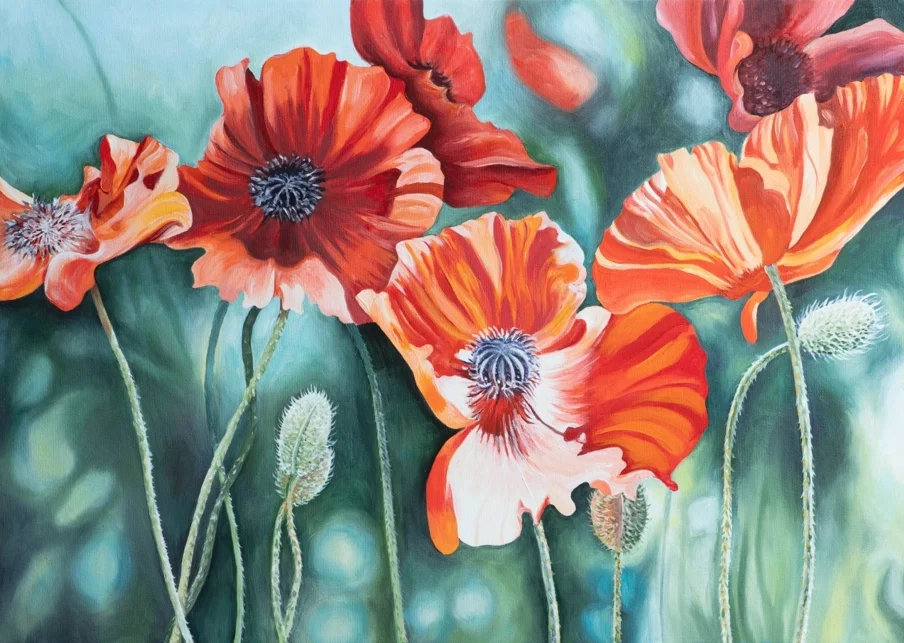 A vibrant painting of red and orange poppies with delicate stems set against a blurred green background by the artist Mary McLoughlin.