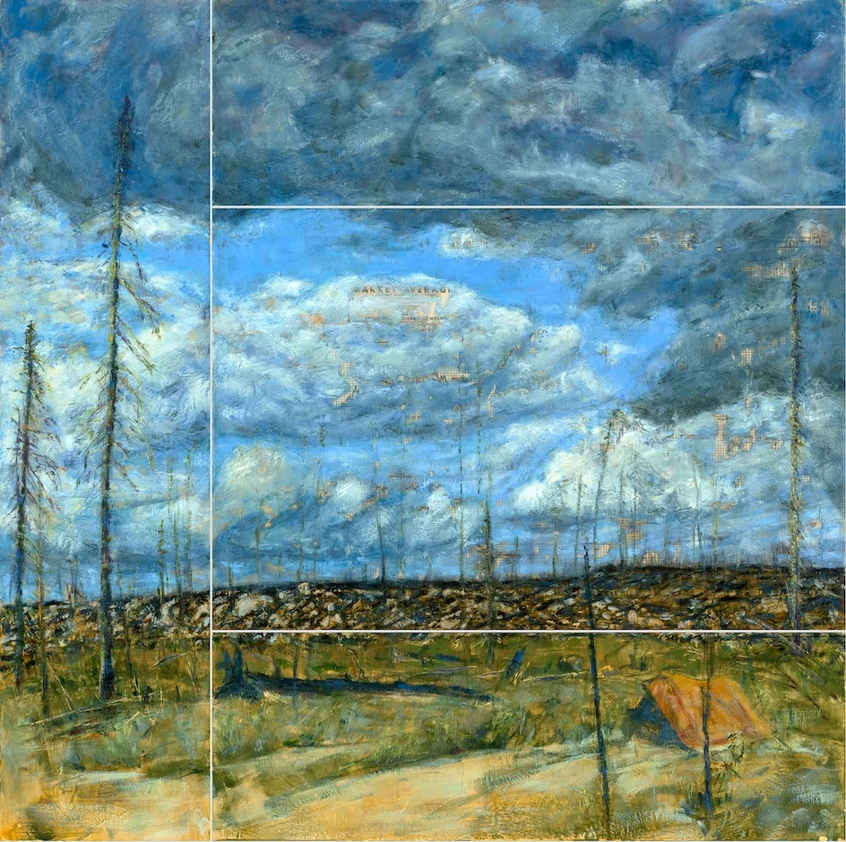 Encaustic landscape painting with a dramatic sky filled with dark, swirling clouds over a flat horizon. Sparse trees and a barren foreground, by the artist Wendy Trusler